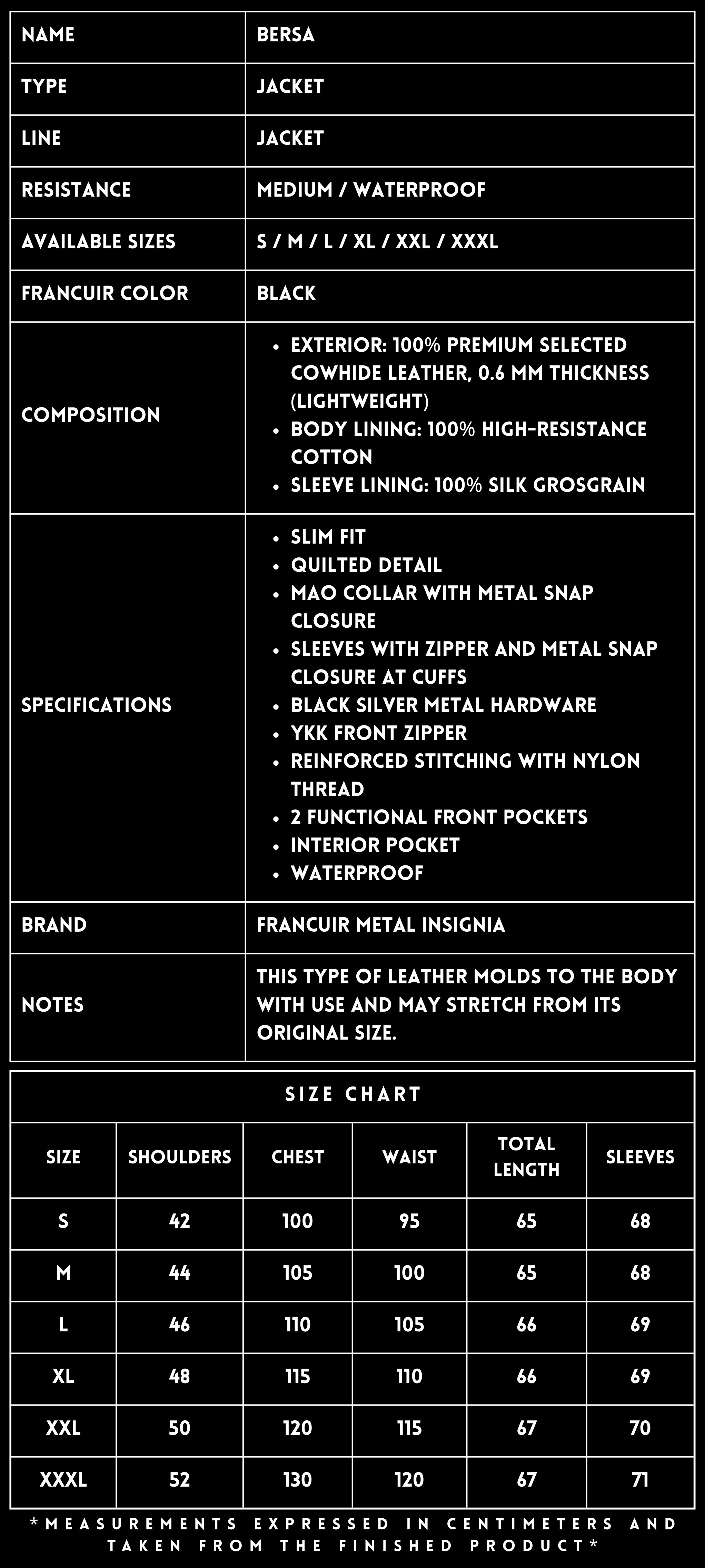 BERSA BLACK LEATHER JACKET TECHNICAL SHEET - FRANCUIR
